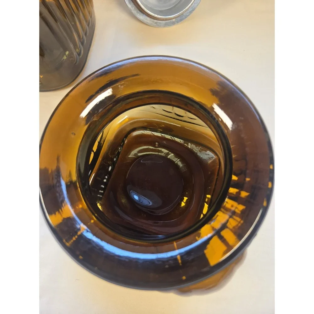 VINTAGE APOTHECARY ARTLAND AMBER RIBBED GLASS CANISTERS PEWTER with LIDS